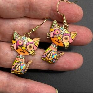 Cat Lady Earrings Boho Patchwork Colorful Pierced Dangle Gold Tone New